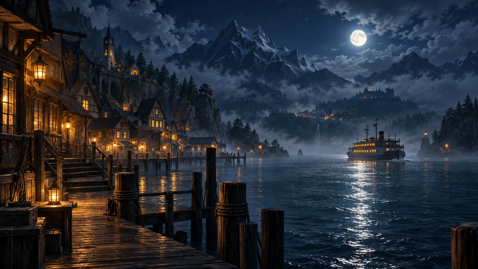 A moonlit harbor village surrounded by fjord-like mountains and a ferry on the water.