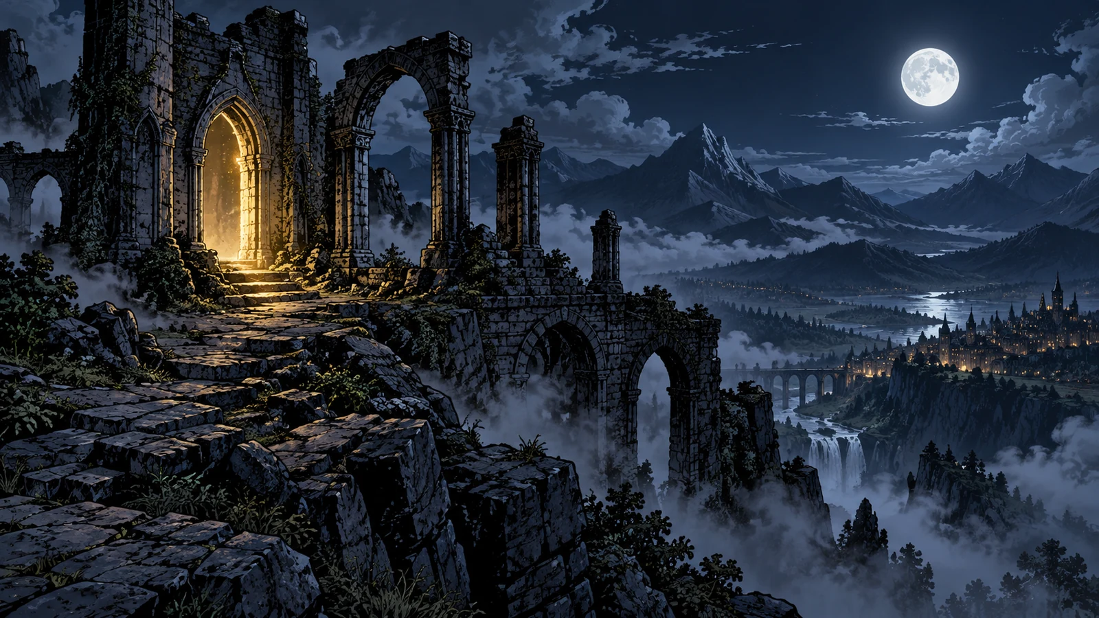 Ancient stone ruins glowing above a misty moonlit valley.