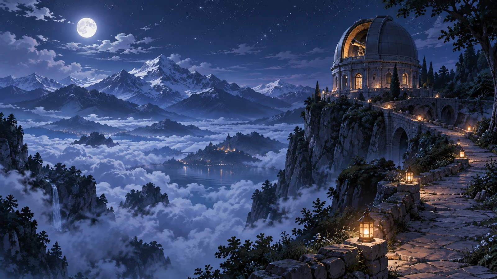 A large observatory above the clouds under a bright moon and mountain range.