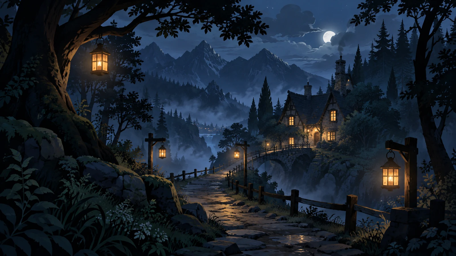 A lantern-lit path leading to a small mountain inn at night.