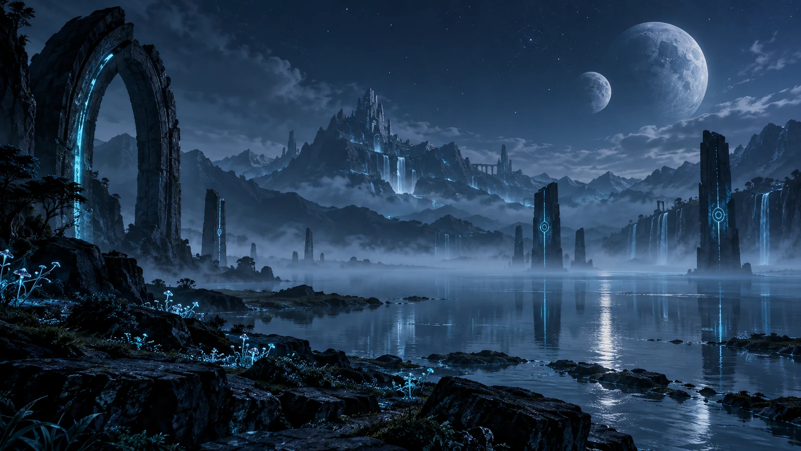 Twin moons above glowing alien ruins and a futuristic lake.